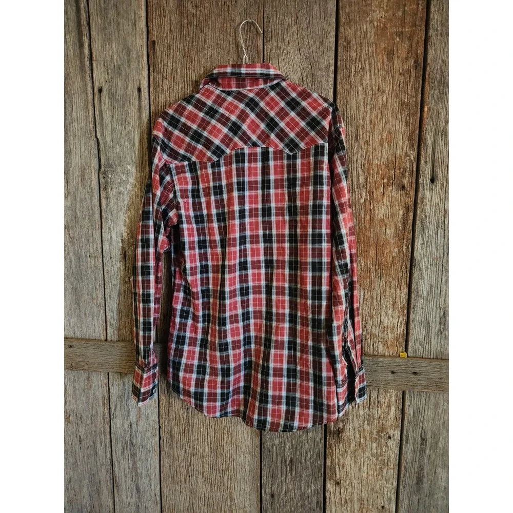 Wrangler Wrancher Shirt Mens M Red Plaid L/S Pearl Snap Flannel Pockets‎ Western